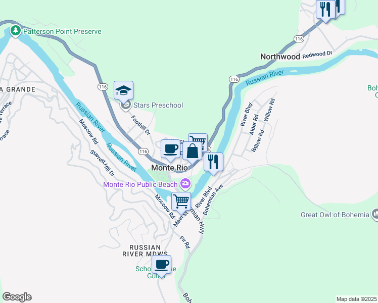 map of restaurants, bars, coffee shops, grocery stores, and more near 21866 E Street in Monte Rio