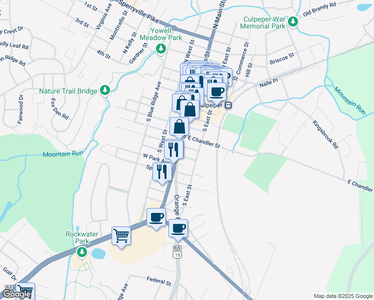 map of restaurants, bars, coffee shops, grocery stores, and more near 109 East Asher Street in Culpeper