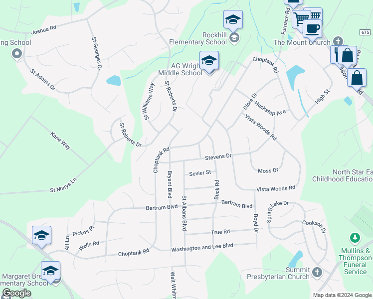 map of restaurants, bars, coffee shops, grocery stores, and more near 190 Choptank Road in Stafford