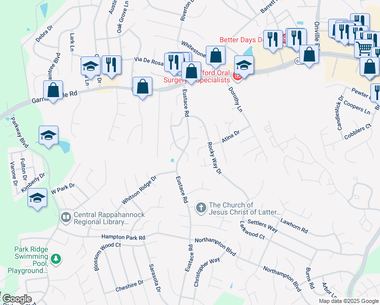 map of restaurants, bars, coffee shops, grocery stores, and more near 107 Staunton Court in Stafford