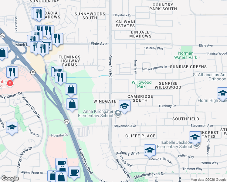 map of restaurants, bars, coffee shops, grocery stores, and more near 7801 Roesboro Circle in Sacramento