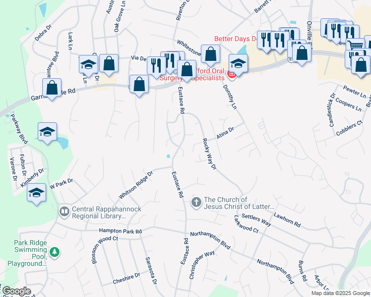 map of restaurants, bars, coffee shops, grocery stores, and more near 107 Staunton Court in Stafford