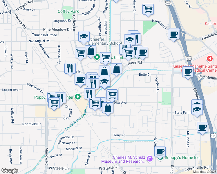 map of restaurants, bars, coffee shops, grocery stores, and more near 1700 Piner Road in Santa Rosa