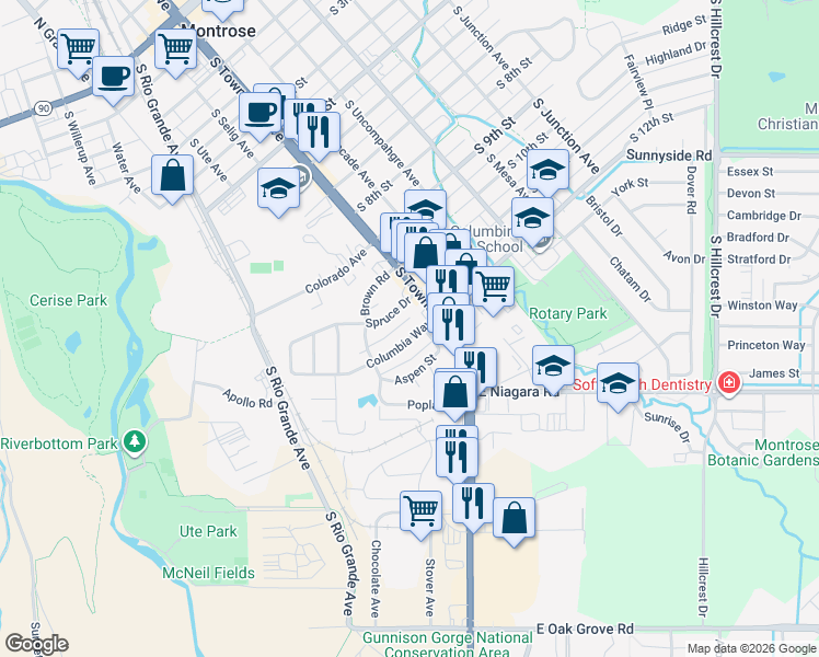 map of restaurants, bars, coffee shops, grocery stores, and more near 19 Aspen Street in Montrose