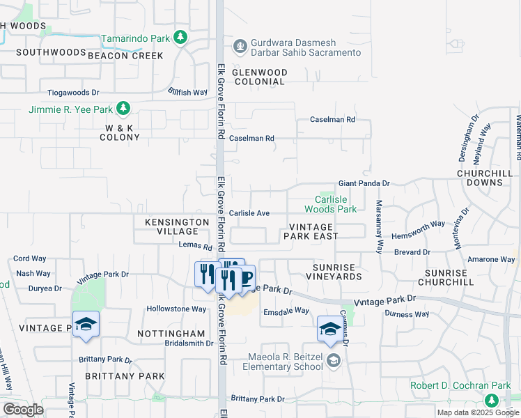 map of restaurants, bars, coffee shops, grocery stores, and more near 8945 Carlisle Avenue in Sacramento