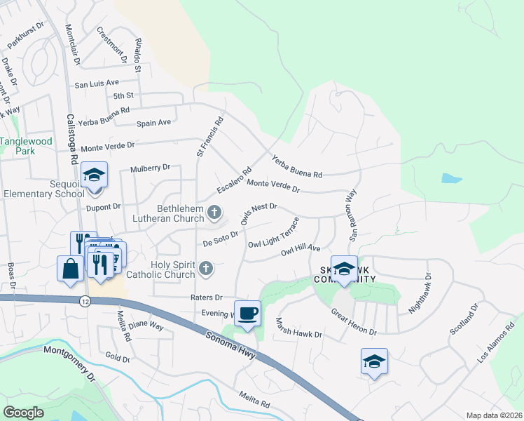 map of restaurants, bars, coffee shops, grocery stores, and more near 5754 Owls Nest Drive in Santa Rosa