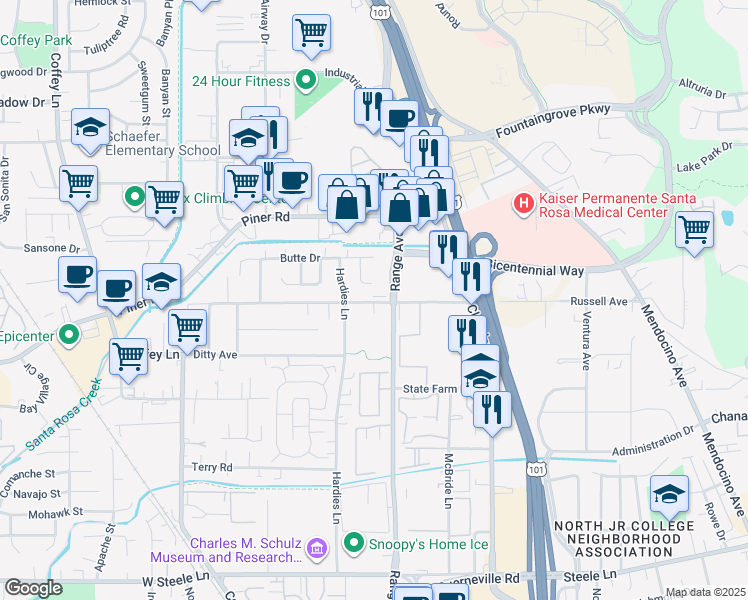 map of restaurants, bars, coffee shops, grocery stores, and more near 901 Russell Avenue in Santa Rosa