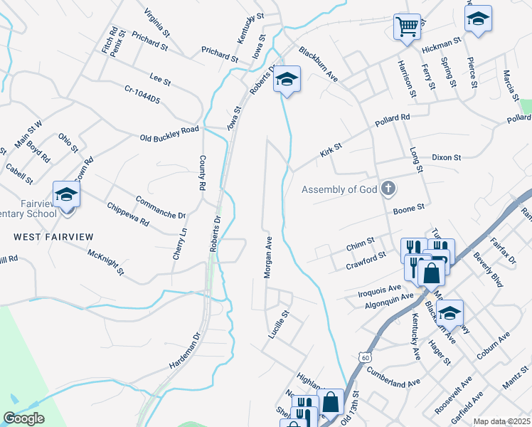 map of restaurants, bars, coffee shops, grocery stores, and more near 401-3299 Lewis Ave in Ashland
