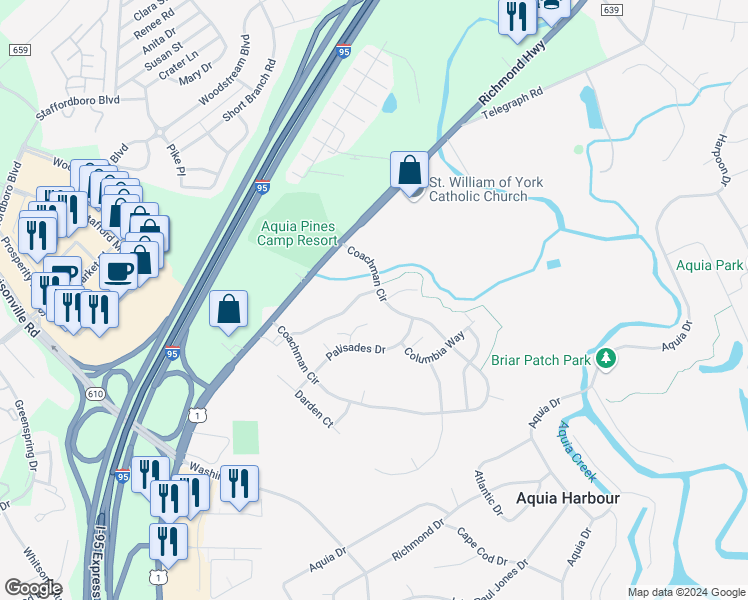 map of restaurants, bars, coffee shops, grocery stores, and more near 16 Palisades Drive in Stafford