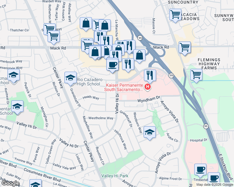 map of restaurants, bars, coffee shops, grocery stores, and more near 6593 Wyndham Drive in Sacramento