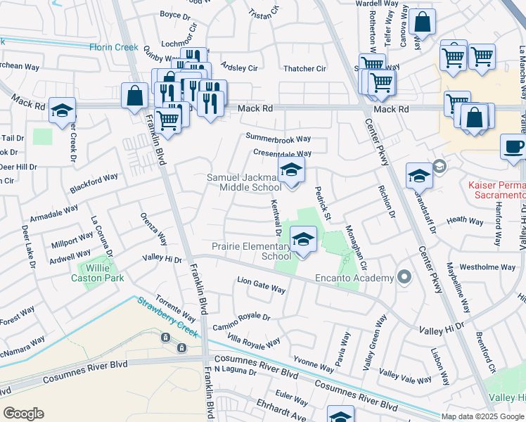 map of restaurants, bars, coffee shops, grocery stores, and more near 4881 Hinchman Way in Sacramento