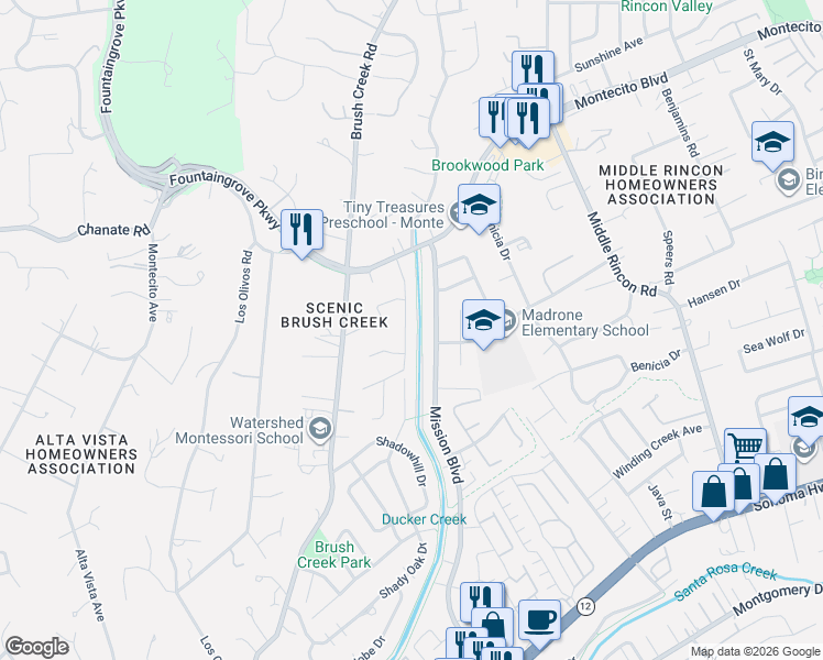 map of restaurants, bars, coffee shops, grocery stores, and more near 2138 Rivera Drive in Santa Rosa