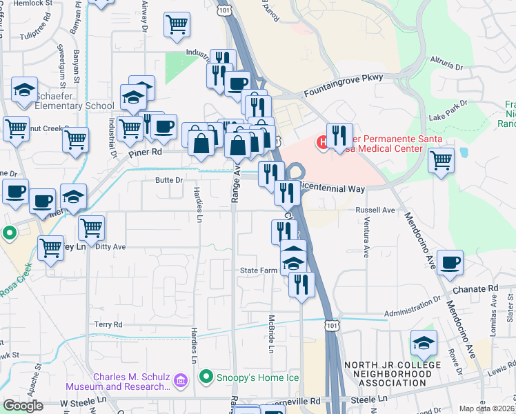 map of restaurants, bars, coffee shops, grocery stores, and more near 825 Russell Avenue in Santa Rosa