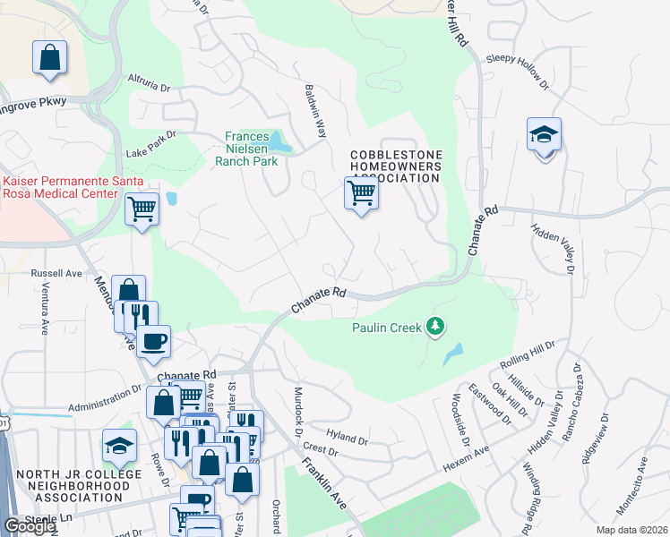 map of restaurants, bars, coffee shops, grocery stores, and more near 3203 Nielsen Road in Santa Rosa