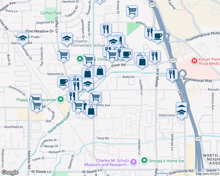 map of restaurants, bars, coffee shops, grocery stores, and more near 1532 Russell Avenue in Santa Rosa