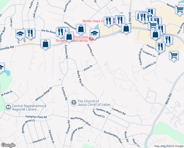 map of restaurants, bars, coffee shops, grocery stores, and more near 11 Jane Court in Stafford