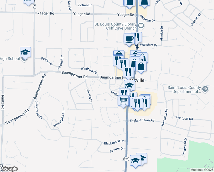 map of restaurants, bars, coffee shops, grocery stores, and more near 2610 Deloak Drive in St. Louis