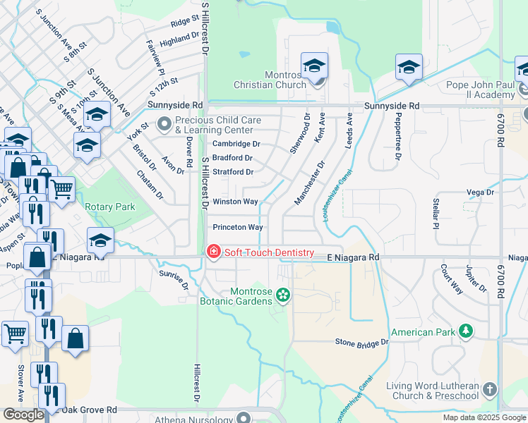 map of restaurants, bars, coffee shops, grocery stores, and more near 2052 Scarborough Way in Montrose