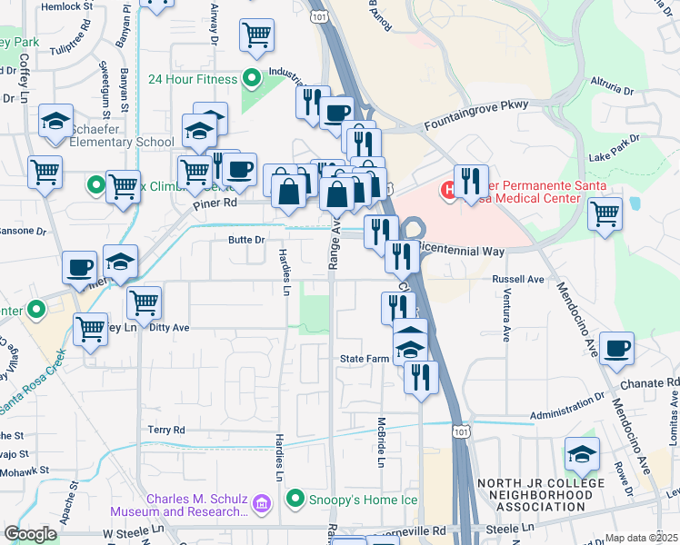 map of restaurants, bars, coffee shops, grocery stores, and more near 833 Russell Avenue in Santa Rosa