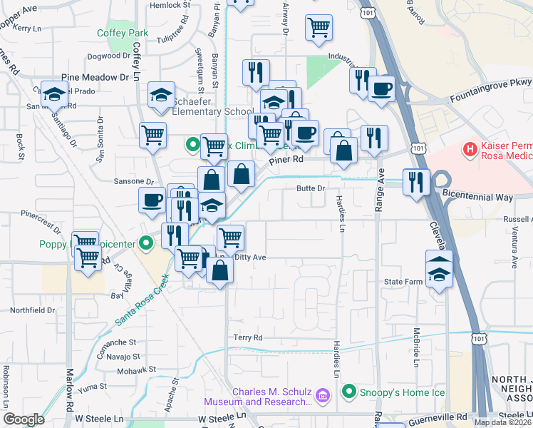 map of restaurants, bars, coffee shops, grocery stores, and more near 1532 Russell Avenue in Santa Rosa