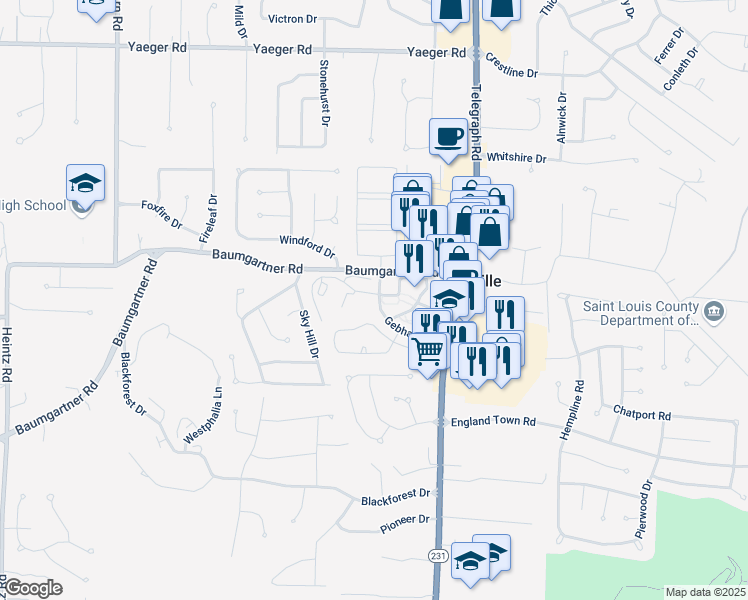 map of restaurants, bars, coffee shops, grocery stores, and more near 5738 Briarwood Estates Drive in St. Louis