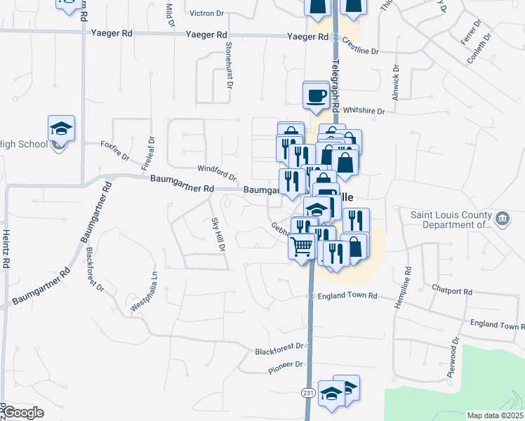 map of restaurants, bars, coffee shops, grocery stores, and more near 5738 Briarwood Estates Drive in St. Louis