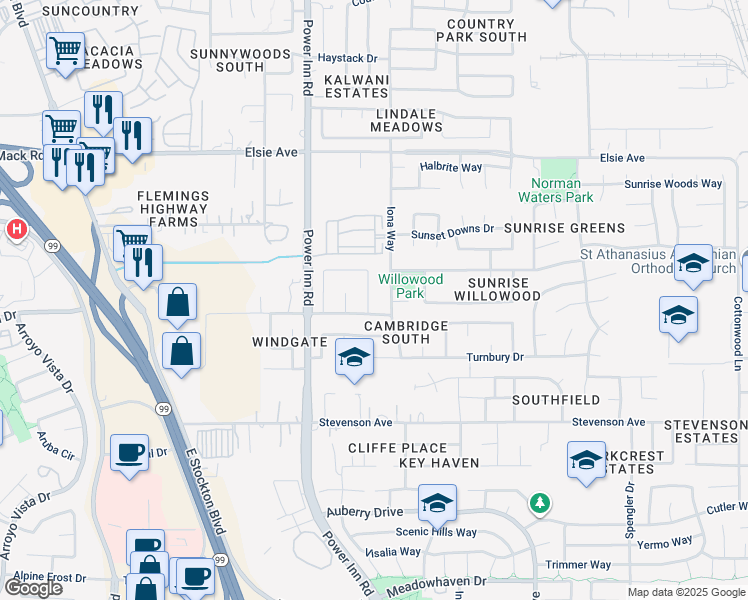 map of restaurants, bars, coffee shops, grocery stores, and more near 7925 Roesboro Circle in Sacramento