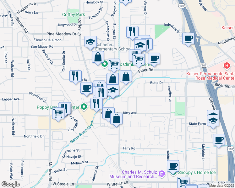 map of restaurants, bars, coffee shops, grocery stores, and more near 1700 Piner Road in Santa Rosa