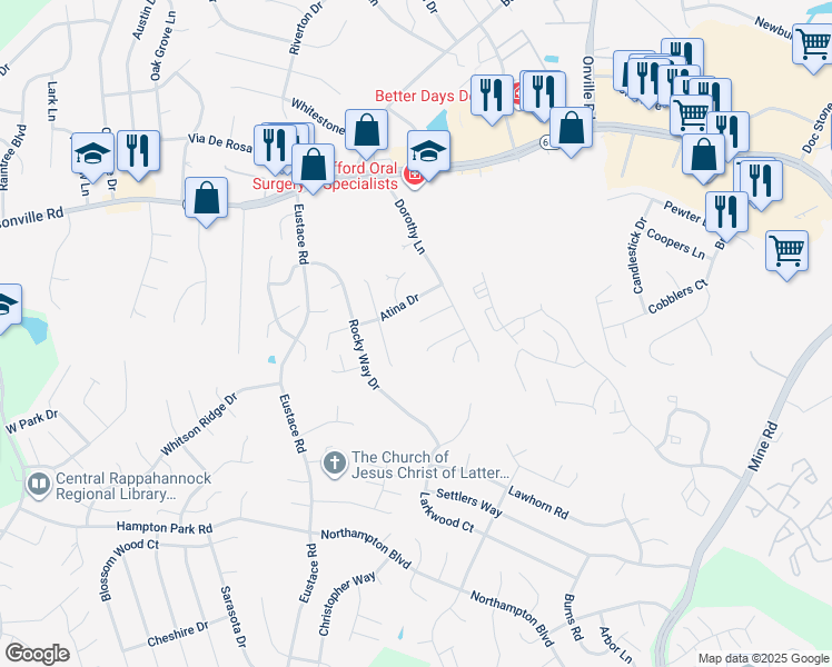 map of restaurants, bars, coffee shops, grocery stores, and more near 11 Jane Court in Stafford