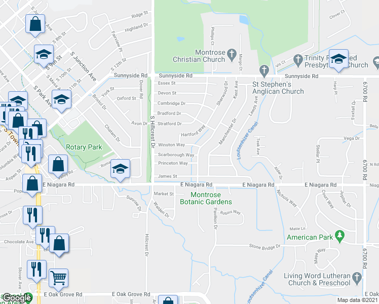 map of restaurants, bars, coffee shops, grocery stores, and more near 2049 Scarborough Way in Montrose