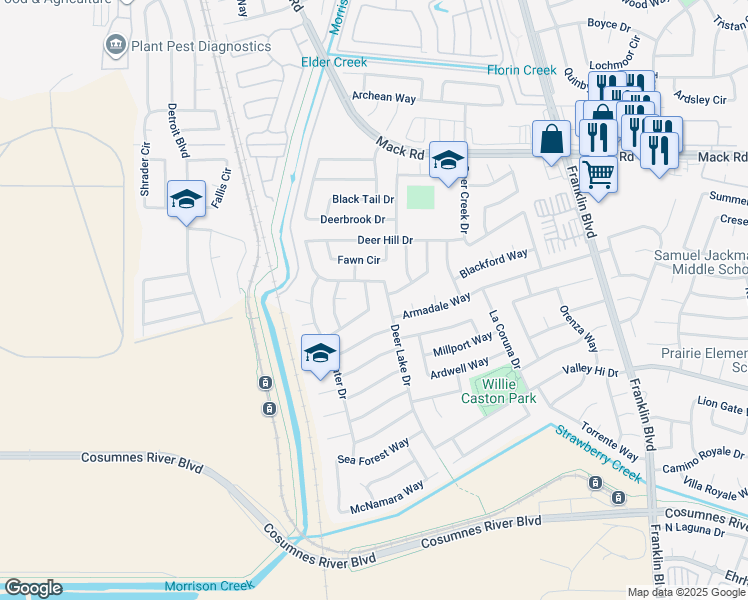 map of restaurants, bars, coffee shops, grocery stores, and more near 4120 Deer Cross Way in Sacramento