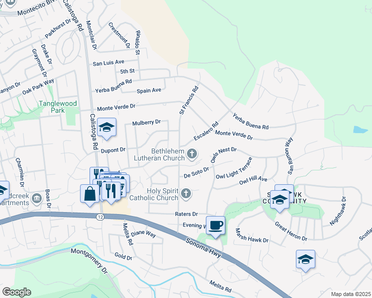 map of restaurants, bars, coffee shops, grocery stores, and more near 1422 Escalero Road in Santa Rosa
