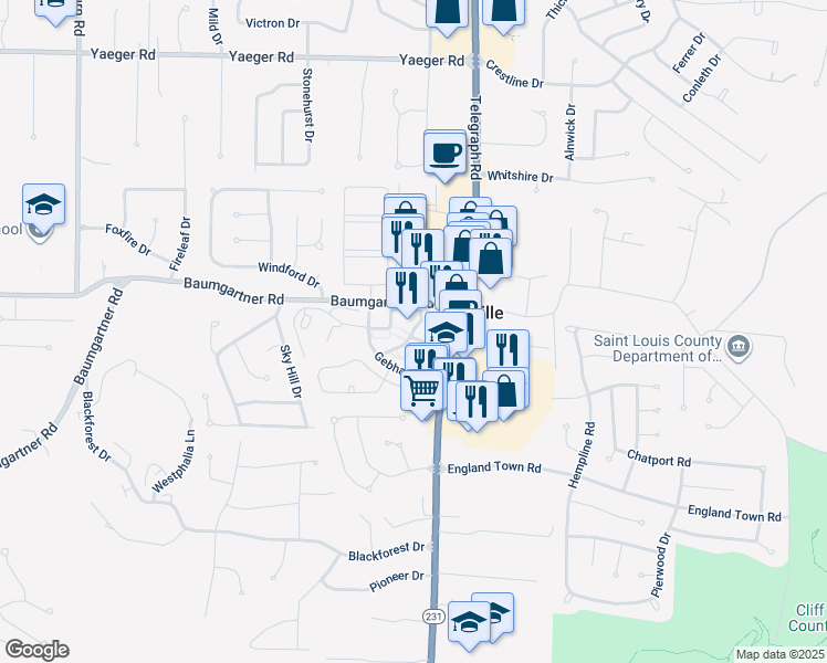 map of restaurants, bars, coffee shops, grocery stores, and more near 2514 Deloak Drive in St. Louis