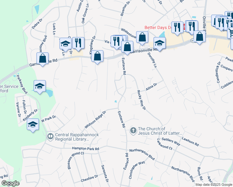 map of restaurants, bars, coffee shops, grocery stores, and more near 103 Eaton Court in Stafford