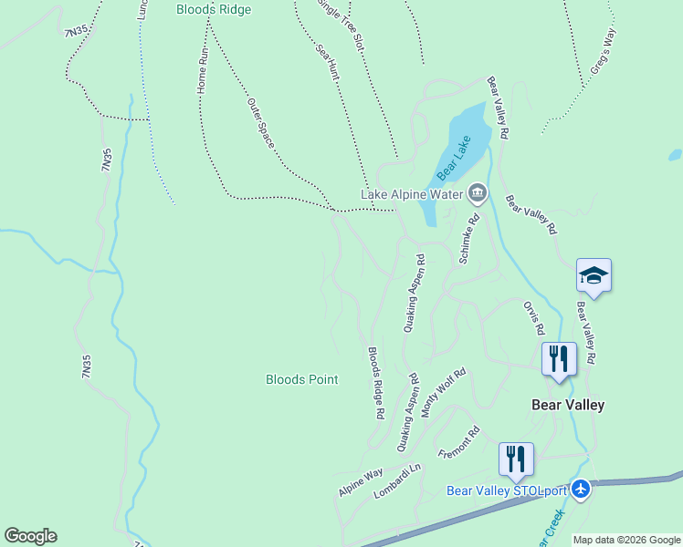 map of restaurants, bars, coffee shops, grocery stores, and more near 21 Avalanche Road in Bear Valley