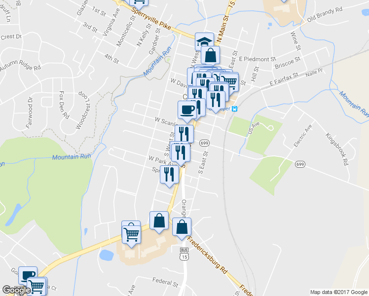 map of restaurants, bars, coffee shops, grocery stores, and more near 114 West Asher Street in Culpeper