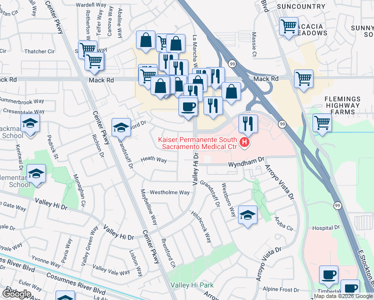 map of restaurants, bars, coffee shops, grocery stores, and more near 6483 Valley Hi Drive in Sacramento