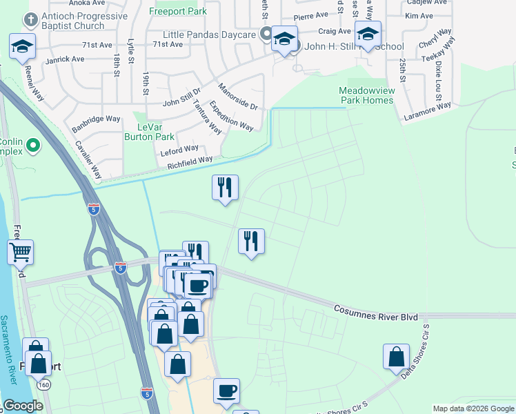 map of restaurants, bars, coffee shops, grocery stores, and more near Unnamed Road in Sacramento
