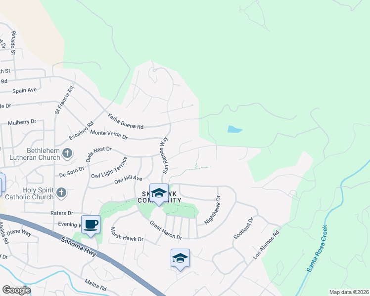 map of restaurants, bars, coffee shops, grocery stores, and more near 5926 Sunhawk Drive in Santa Rosa