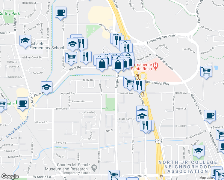 map of restaurants, bars, coffee shops, grocery stores, and more near 902 Russell Avenue in Santa Rosa