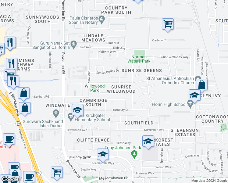 map of restaurants, bars, coffee shops, grocery stores, and more near 8275 Summer Falls Circle in Sacramento