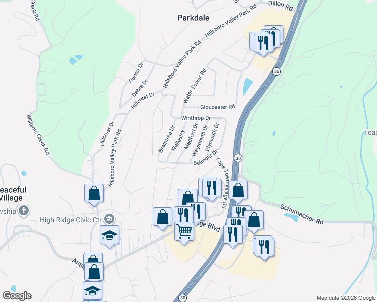 map of restaurants, bars, coffee shops, grocery stores, and more near 5333 Belmont Drive in High Ridge