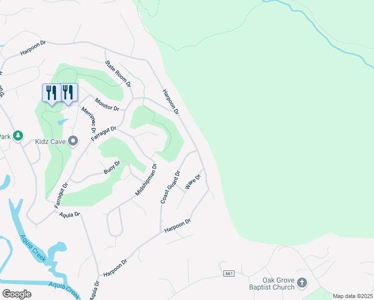 map of restaurants, bars, coffee shops, grocery stores, and more near 2050 Coast Guard Drive in Stafford