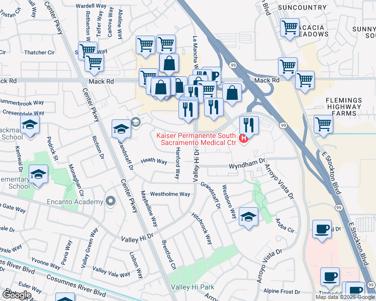map of restaurants, bars, coffee shops, grocery stores, and more near 6505 Valley Hi Drive in Sacramento