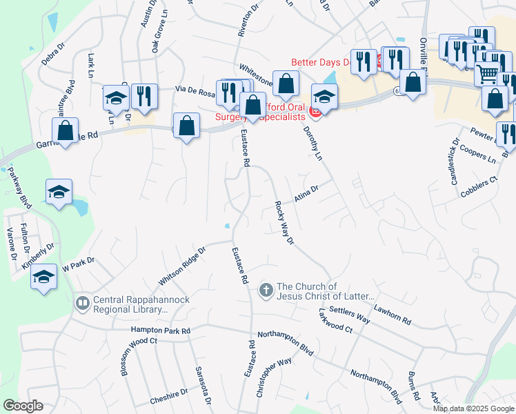 map of restaurants, bars, coffee shops, grocery stores, and more near 8 Grants Court in Stafford