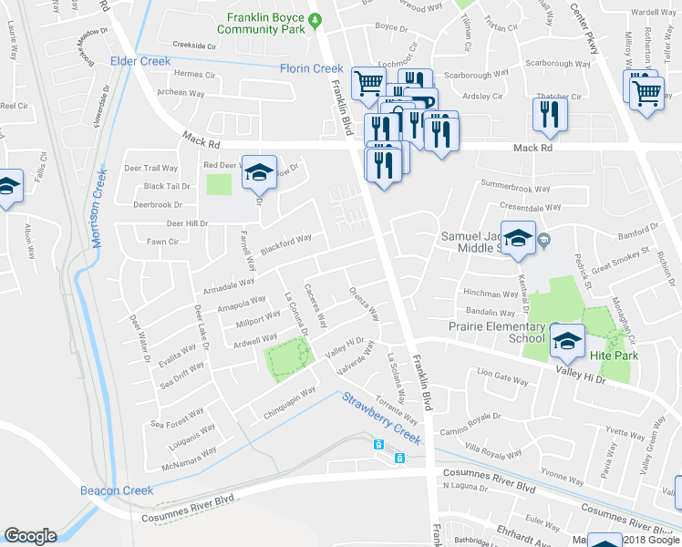 map of restaurants, bars, coffee shops, grocery stores, and more near 4490 Montril Way in Sacramento