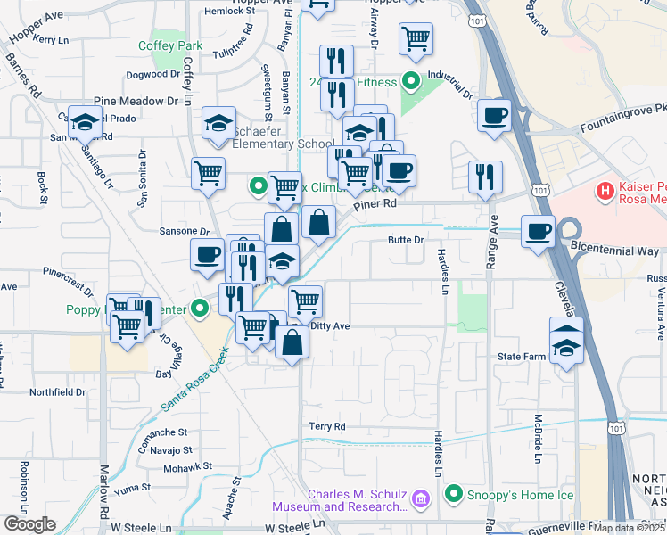 map of restaurants, bars, coffee shops, grocery stores, and more near 1667 Russell Avenue in Santa Rosa