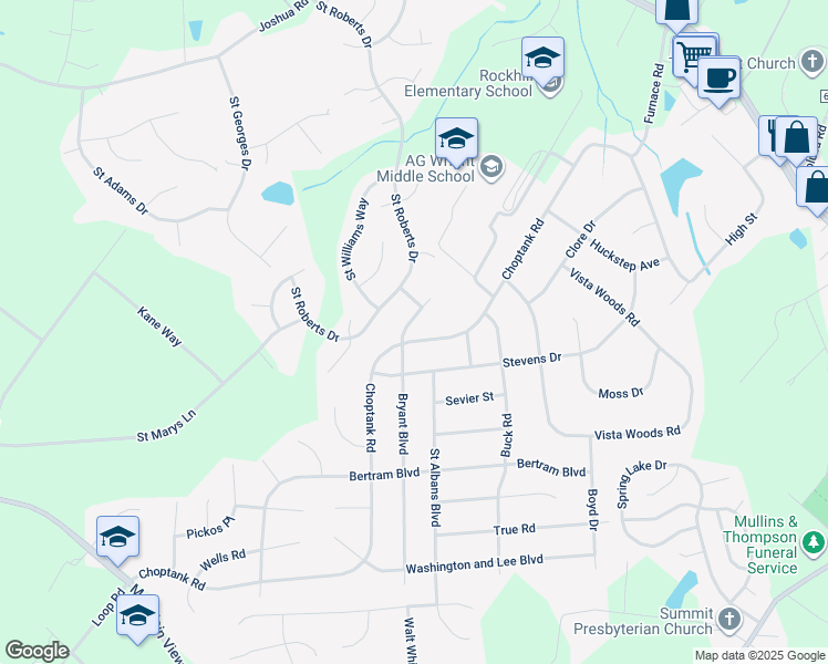 map of restaurants, bars, coffee shops, grocery stores, and more near 197 Choptank Road in Stafford