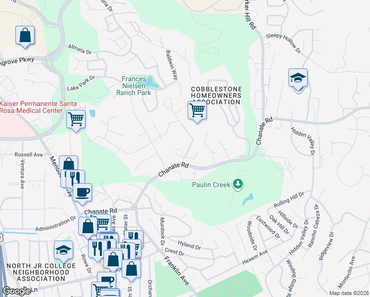 map of restaurants, bars, coffee shops, grocery stores, and more near 3205 Nielsen Road in Santa Rosa