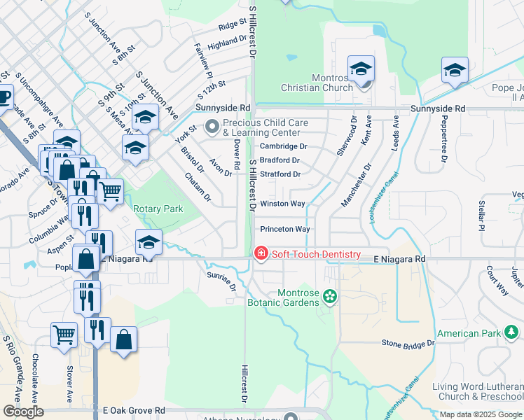 map of restaurants, bars, coffee shops, grocery stores, and more near 2028 Scarborough Way in Montrose